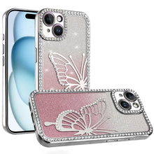 For iPhone 15 Case Large Bling Electroplated Butterfly Glitter +2 Tempered Glass