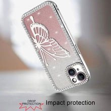 For iPhone 15 Case Large Bling Electroplated Butterfly Glitter +2 Tempered Glass