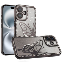 For iPhone 16 6.1inch Case Large Bling Butterfly Glitter Cover + Tempered Glass