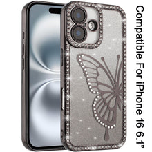 For iPhone 16 6.1inch Case Large Bling Butterfly Glitter Cover + Tempered Glass