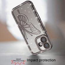 For iPhone 16 6.1inch Case Large Bling Butterfly Glitter Cover + Tempered Glass