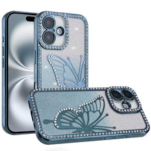 For iPhone 16 6.1inch Case Large Bling Butterfly Glitter Cover + Tempered Glass