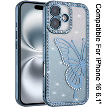 For iPhone 16 6.1inch Case Large Bling Butterfly Glitter Cover + Tempered Glass