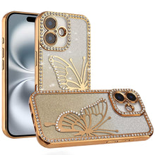 For iPhone 16 6.1inch Case Large Bling Butterfly Glitter Cover + Tempered Glass