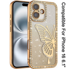 For iPhone 16 6.1inch Case Large Bling Butterfly Glitter Cover + Tempered Glass