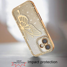 For iPhone 16 6.1inch Case Large Bling Butterfly Glitter Cover + Tempered Glass