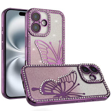 For iPhone 16 6.1inch Case Large Bling Butterfly Glitter Cover + Tempered Glass