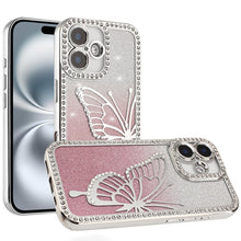 For iPhone 16 6.1inch Case Large Bling Butterfly Glitter Cover + Tempered Glass