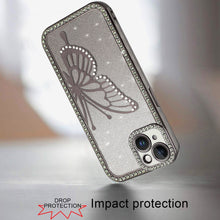 For iPhone 13/14 Case Large Bling Butterfly Glitter Phone Cover + Tempered Glass