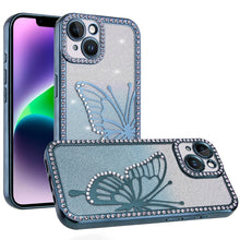 For iPhone 13/14 Case Large Bling Butterfly Glitter Phone Cover + Tempered Glass