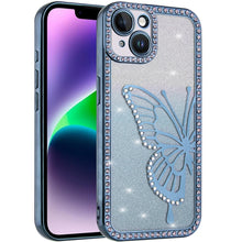 For iPhone 13/14 Case Large Bling Butterfly Glitter Phone Cover + Tempered Glass