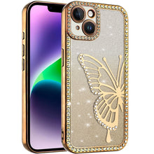 For iPhone 13/14 Case Large Bling Butterfly Glitter Phone Cover + Tempered Glass