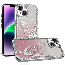 For iPhone 13/14 Case Large Bling Butterfly Glitter Phone Cover + Tempered Glass