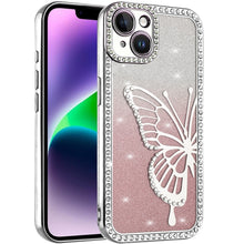 For iPhone 13/14 Case Large Bling Butterfly Glitter Phone Cover + Tempered Glass