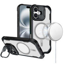 For iPhone 16 6.1inch Case Rugged Magnetic Circle Lens Stand + Tempered Glass