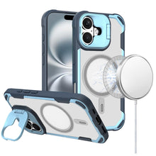 For iPhone 16 6.1inch Case Rugged Magnetic Circle Lens Stand + Tempered Glass