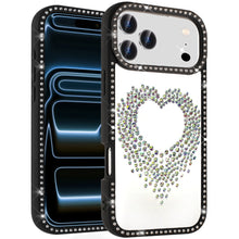 For iPhone 17 Pro Max Case Heart Shaped Crystals Bling Border + Tempered Glass
