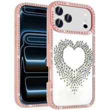 For iPhone 17 Pro Max Case Heart Shaped Crystals Bling Border + Tempered Glass
