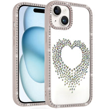 For iPhone 15 Case Heart Shaped Crystals w/ Bling Border Trim + 2 Tempered Glass