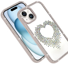 For iPhone 15 Case Heart Shaped Crystals w/ Bling Border Trim + 2 Tempered Glass