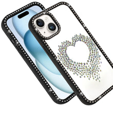 For iPhone 15 Case Heart Shaped Crystals w/ Bling Border Trim + 2 Tempered Glass