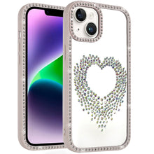 For iPhone 13/14 Case Heart Shaped Crystals w/ Bling Border Trim +Tempered Glass