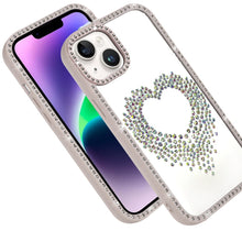 For iPhone 13/14 Case Heart Shaped Crystals w/ Bling Border Trim +Tempered Glass