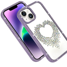 For iPhone 13/14 Case Heart Shaped Crystals w/ Bling Border Trim +Tempered Glass