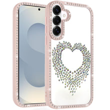 For Samsung S26 6.3" Heart Shaped Crystals w/ Bling Border Trim + Tempered Glass