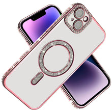 For iPhone 13/14 Case Rhinestone Bling Trim Magnetic Circle + Tempered Glass