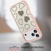 For iPhone 17 Pro Max Case Rhinestone Hearts Bling Around Trim + Tempered Glass