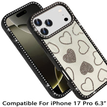 For iPhone 17 PRO Case Rhinestone Hearts Bling Around Border + Tempered Glass