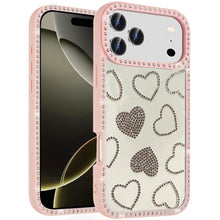 For iPhone 17 PRO Case Rhinestone Hearts Bling Around Border + Tempered Glass