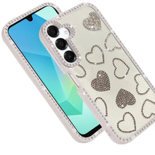 For Samsung A16 5G Case Rhinestone Hearts w/ Bling Around Trim + Tempered Glass