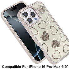 For iPhone 16 PRO MAX Case Rhinestone Hearts with Bling Border + Tempered Glass