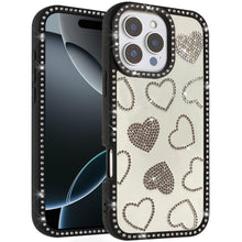 For iPhone 16 PRO MAX Case Rhinestone Hearts with Bling Border + Tempered Glass