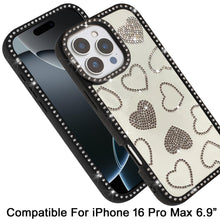 For iPhone 16 PRO MAX Case Rhinestone Hearts with Bling Border + Tempered Glass