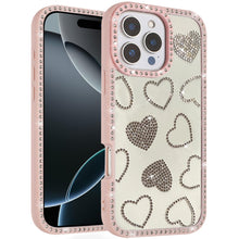 For iPhone 16 PRO MAX Case Rhinestone Hearts with Bling Border + Tempered Glass
