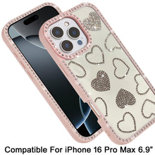 For iPhone 16 PRO MAX Case Rhinestone Hearts with Bling Border + Tempered Glass