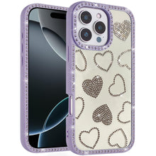 For iPhone 16 PRO MAX Case Rhinestone Hearts with Bling Border + Tempered Glass