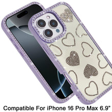 For iPhone 16 PRO MAX Case Rhinestone Hearts with Bling Border + Tempered Glass