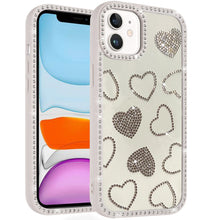 For iPhone 11 6.1 in. Case Rhinestone Hearts Bling Around Trim + Tempered Glass