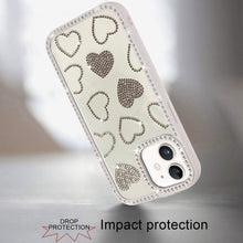 For iPhone 11 6.1 in. Case Rhinestone Hearts Bling Around Trim + Tempered Glass