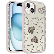 For iPhone 15 Case Rhinestone Hearts with Bling Around Trim + 2 Tempered Glass