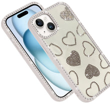 For iPhone 15 Case Rhinestone Hearts with Bling Around Trim + 2 Tempered Glass