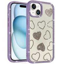 For iPhone 15 Case Rhinestone Hearts with Bling Around Trim + 2 Tempered Glass