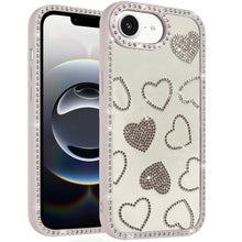 For iPhone 16e Case Rhinestone Hearts with Bling Around Trim + Tempered Glass