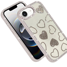 For iPhone 16e Case Rhinestone Hearts with Bling Around Trim + Tempered Glass