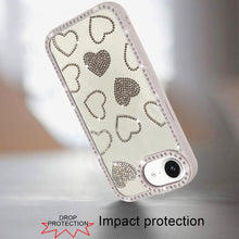 For iPhone 16e Case Rhinestone Hearts with Bling Around Trim + Tempered Glass
