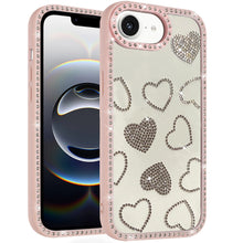 For iPhone 16e Case Rhinestone Hearts with Bling Around Trim + Tempered Glass